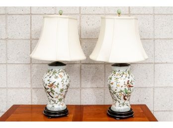 Pair Of Hand Painted Porcelain Ginger Jar Lamps With Bell Shades And Jade Finials - Working