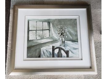 Window With Flowers Signed Watercolor In Silver Frame