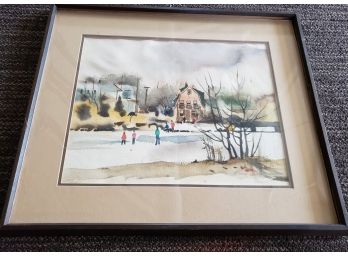 Winter Skating Watercolor Scene By Edith Gerard