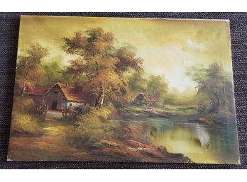 Cabins On A Lake,  Canvas Painting Signed Vogul