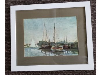 Framed Watercolor Of Sailboats, Unsigned