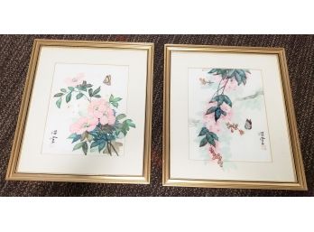 Pair Of Asian Watercolors Of Flowers And Butterflies