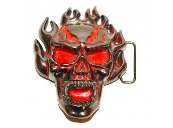 Vintage Metal Fire Skull Belt Buckle With Secret Compartment