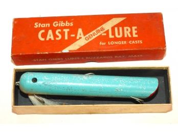 Antique Stan Gibbs Turqoise And White Fishing Lure In Original Box