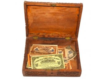 Inlaid Carved Wooden Box Of 1920s Cigar Coupons