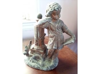 Charming Vintage Cast Metal Doorstop With Victorian Style Child Leaning On Column Reading Book