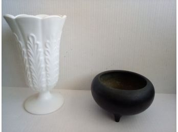 Black Paint Over Solid Brass- Three Footed Bowl & Tall Milk Glass Vase With Raised Pattern By E.o. Brody Co.