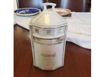 Vintage Made In Germany Oatmeal Canister With Lustreware & Gold Accents