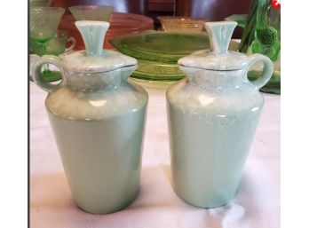 Pair Of Vintage Green & White Hull USA Pottery Cruets Marked '57