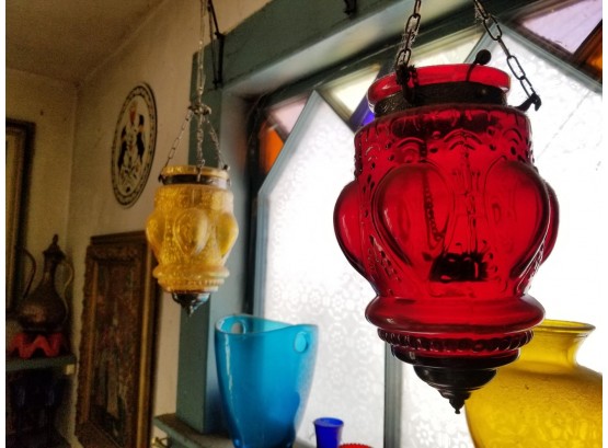 Pair Colored Glass Hanging Candle Sconces