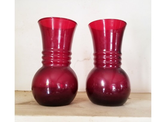 Pair Vintage Cranberry Glass Vases