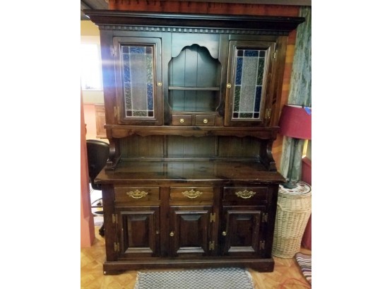 Pine Dining Hutch With Stained Glass Doors