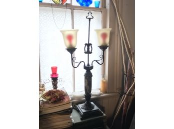 Vintage Double Torchiere Marble And Brass Lamp