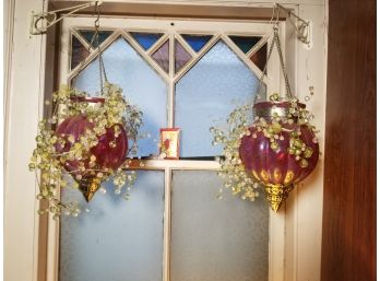 Pair Hanging Colored Glass Candle Sconces