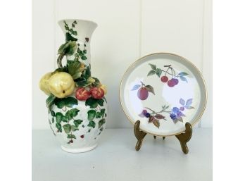 Hand Painted Italian Ceramic Vase & Royal Worcester 'Evesham' Dish