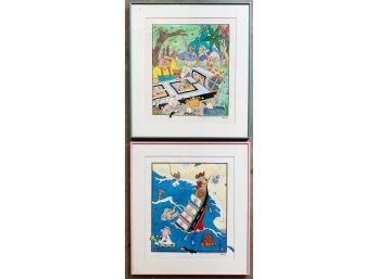 Pair Of Jungle & Beach Theme Printing Press Illustration Prints By Award Winning Children's Book Author And Illustrator, John Stadler