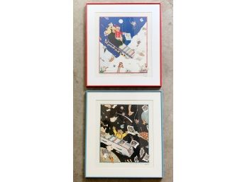 Pair Of Santa & Space Theme Printing Press Illustration Prints By Award Winning Children's Book Author And Illustrator, John Stadler