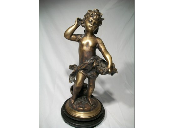 Antique Bronze Statue Of Girl On A Wood Base - Great Patina - Estate Piece