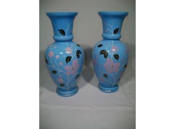 Beautiful Pair Of Antique Victorian Bristol Glass Vases / All Hand Painted