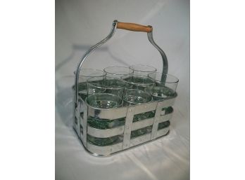 Great Aqua Colored Water Glasses W/ Metal Caddy / Holder - 'Picnic Ready'
