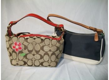 Two Authentic Coach Handbags - Blue Canvas  & 'CC' Fabric W/ Red Flower
