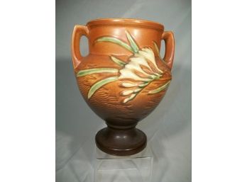 Handsome Large Roseville Pottery 'Freesia' Vase #196-8  (Orange/Brown)
