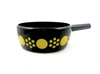 Mid Century Black Enamel On Steel Saucepan With Yellow Polka Dots