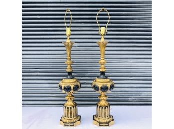 LARGE Pair Of Vintage Black And Gold Metal Table Lamps
