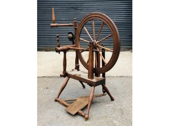 Antique Wooden Yarn Spinning Wheel Signed JB With Foot Pedal
