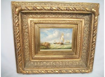 Incredible Painting Of Boat Signed ' Saunders' W/French Flag O/B - Amazing Frame