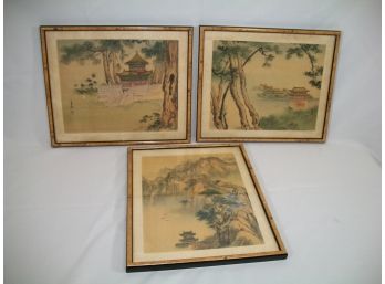 3 - Asian Paintings On Silk With Burl Frames - Nice Colors - All Marked