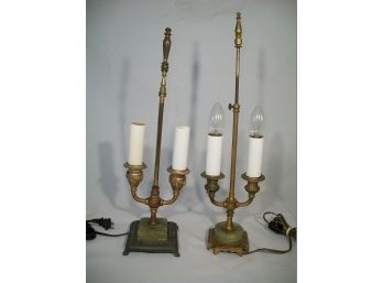 'Compatible Pair'  Artistic Brass & Bronze Lamps W/Green Onyx - Very Nice