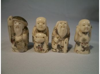 Incredible Detail / Lot Of Four Carved Netsukes / Amazing Detail / Signed