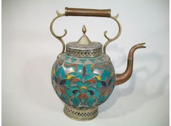 Unusual LARGE Teapot From Morocco Inlaid W/ Lapis , Turquoise And Other Stones