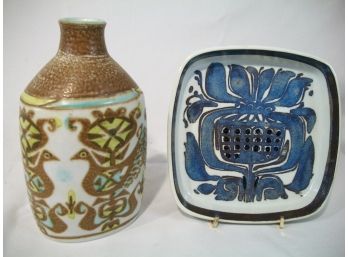Two Mid Century Pottery Items By Royal Copenhagen - Vase / Flat Bowl - 60's - 70's