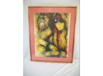 Large Signed & Numbered Print 'Girl W/ Guitar' Very 60's / 70's - Signed Illegibly