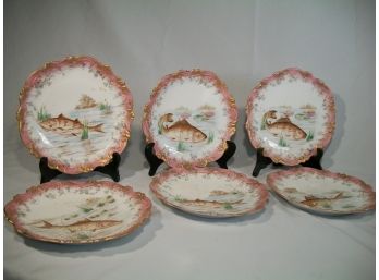 Six Antique Hand Painted Austrian 'Fish Plates' - Each With A Different Fish Species