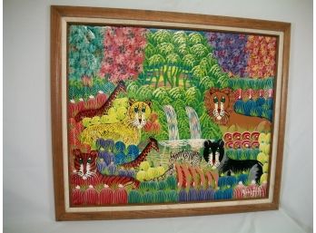 Super Colorful Mexican Oil On Canvas Animal Art Signed (Illegible) W/Frame