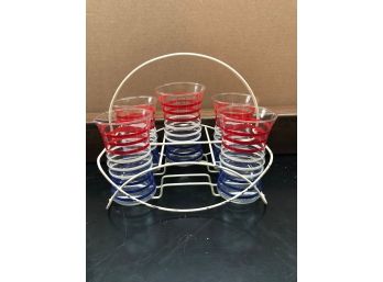 Anchor Hocking Betsy Ross Red White Blue Drinking Glass Tumblers With Caddy Set Of 5 - Excellent Condition!
