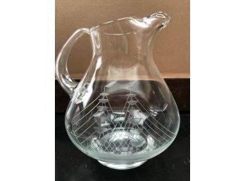 Vintage Etched Glass Pitcher With Etched Sailing Ship - No Chips Or Cracks 7 1/2' Tall