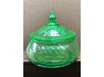 Vintage Green Uranium Glass Swirl Spiral Candy Dish W/ Lid