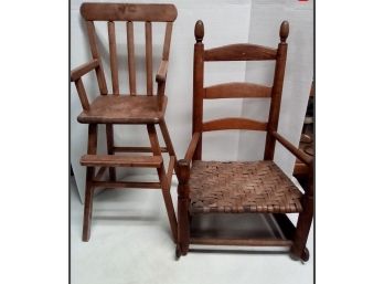 Vintage Wood Doll High Chair And Child's Ladder Back Rocking Chair     CVBK