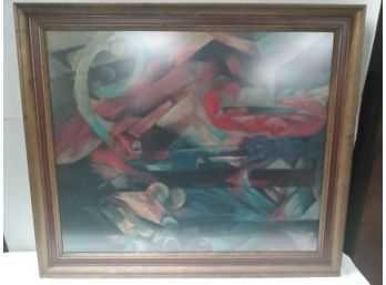 Great Mid Century Modern Art Print  With Walnut And Red     WAframe