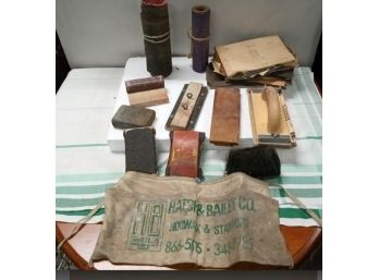 Assortment Of Vintage Sandpaper Various Grits , Sanding Blocks, Apron, Vintage Dust Brush,. B3