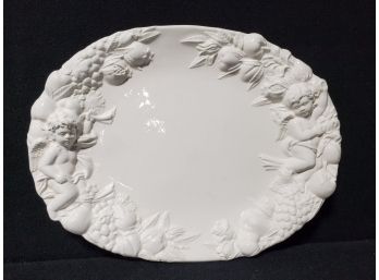 Gumps (?) Italian White Ceramic Platter Or Serving Tray, Classical Bacchanalia Cherub W/ Fruit Grapes