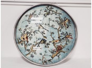 Lovely Wood Rimmed Handled Bird Themed Glass Foil Backed Round Tray