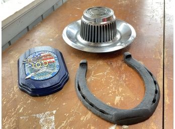 A Vintage Chevy Hubcap, Navy Plaque, And Lucky Horse Shoe!