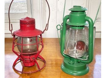 A Pair Of Vintage Lanterns, One Signal Lantern