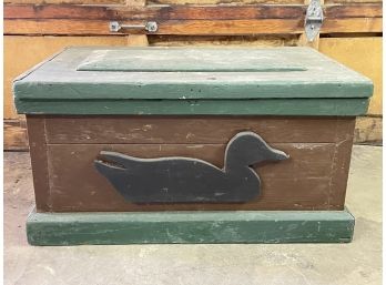 A Large Vintage Pine Tool Box With Carved Wood Duck Form On Front