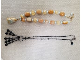 Jet Necklace With Tassel, Stoned Necklace With Charm